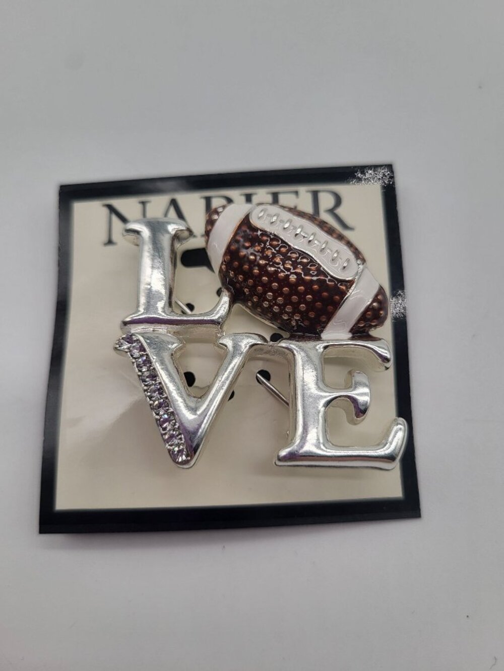 NAPIER LOVE FOOTBALL Silver Tone Rhinestone Pin Brooch - Picture 1 of 4